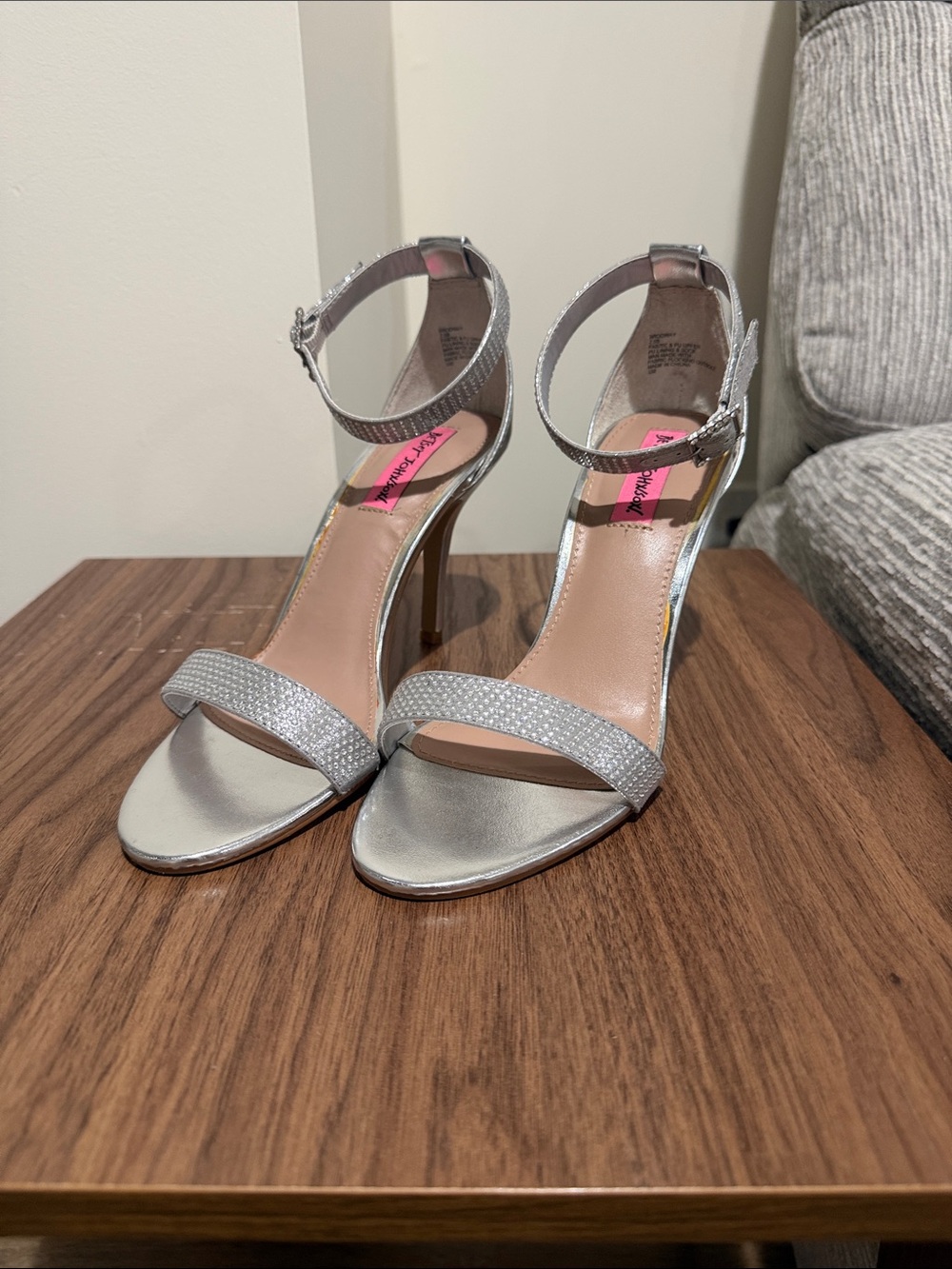 Betsey Johnson Silver Rhinestone Ankle-Strap Stiletto Sandals